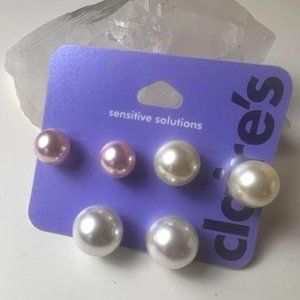 Claire's Pearl Stud Earrings Set - Pink and White